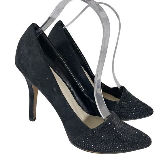 APT. 9! BLACK VEGAN SUEDE LEATHER MICRO-JEWELED TOE IN BLACK HEELS, PUMPS! SZ 8M - Picture 10 of 10